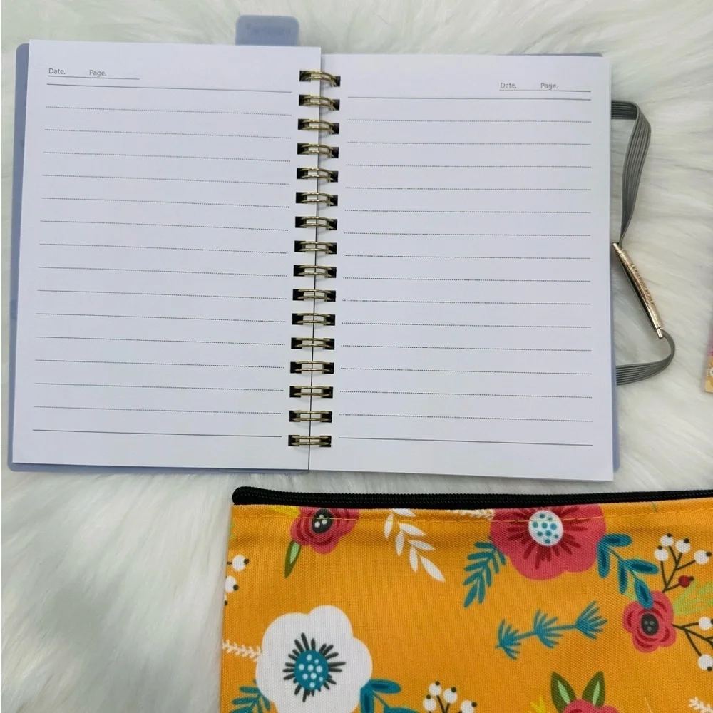 Floral Stationery Set with Blue Notebook and Yellow Pouch